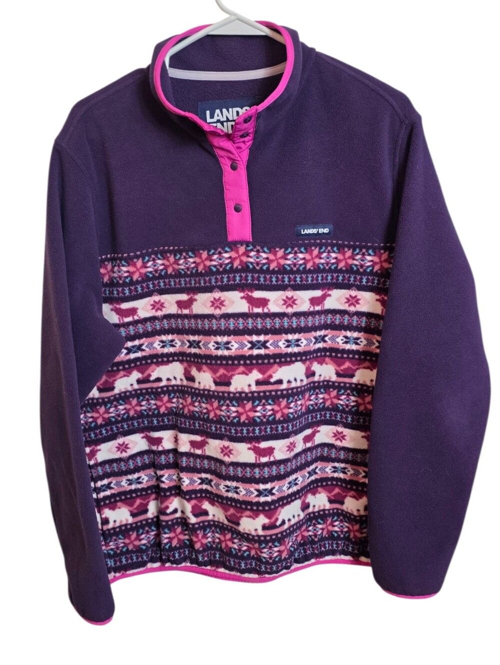 Lands’ End Women’s XL Purple Fleece Fair Isle Reindeer Snap Pullover - Picture 2 of 14